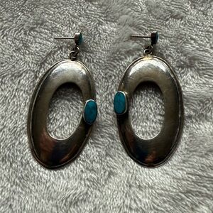 Vintage Native American Silver and Turquoise Oval Earrings